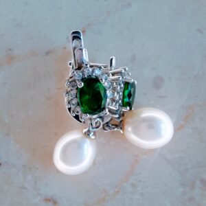 Green stone earrings with crystals and pearl