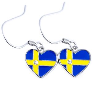 Swedish flag heart dangle sterling silver earrings